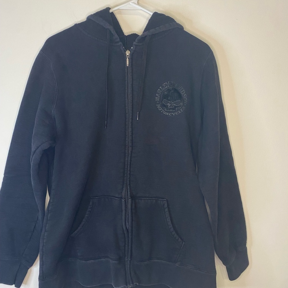 Harley Davison Zip Up Hooded Sweatshirt Jacket Black Skull Motorcycle Size Large - Picture 2 of 15
